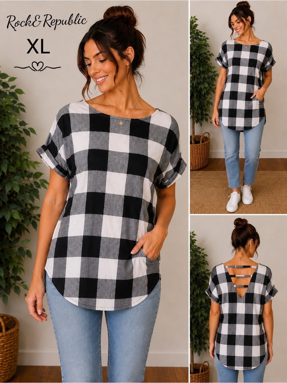 Rock & Republic Buffalo Plaid Ladder Back Tunic Top Med NWT black gray & white